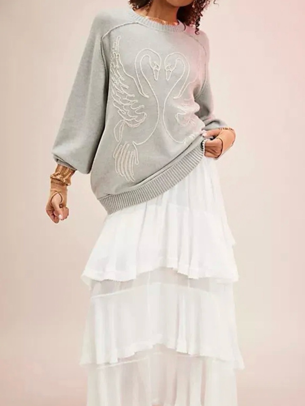 We The Free Grey Crewneck Sweater with Swan Embroidery - Picture 3 of 9